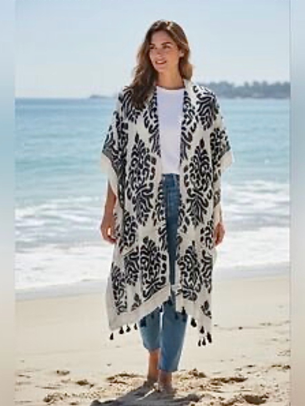 Nordstrom Black and White Patterned Open-Front Kimono Tunic, Black Tassels, O/S